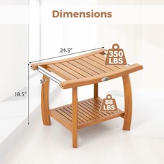 2-Tier Teak Wood Bath Storage Bench Shower Stool With Curved Seat and Handles