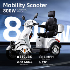 Heavy Duty 4-Wheel Mobility Scooters 31 Miles 3-Speed 800W 500lbs Capacity Red