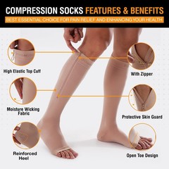 Doc Miller Compression Socks with Zipper 15-20 mmHg for Women & Large, Beige