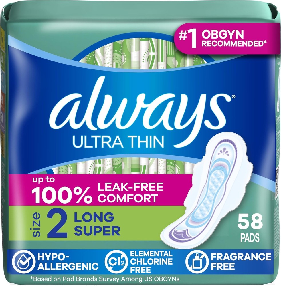 Always Ultra Thin Pads | Long Super Absorbency | Unscented | 58 Count