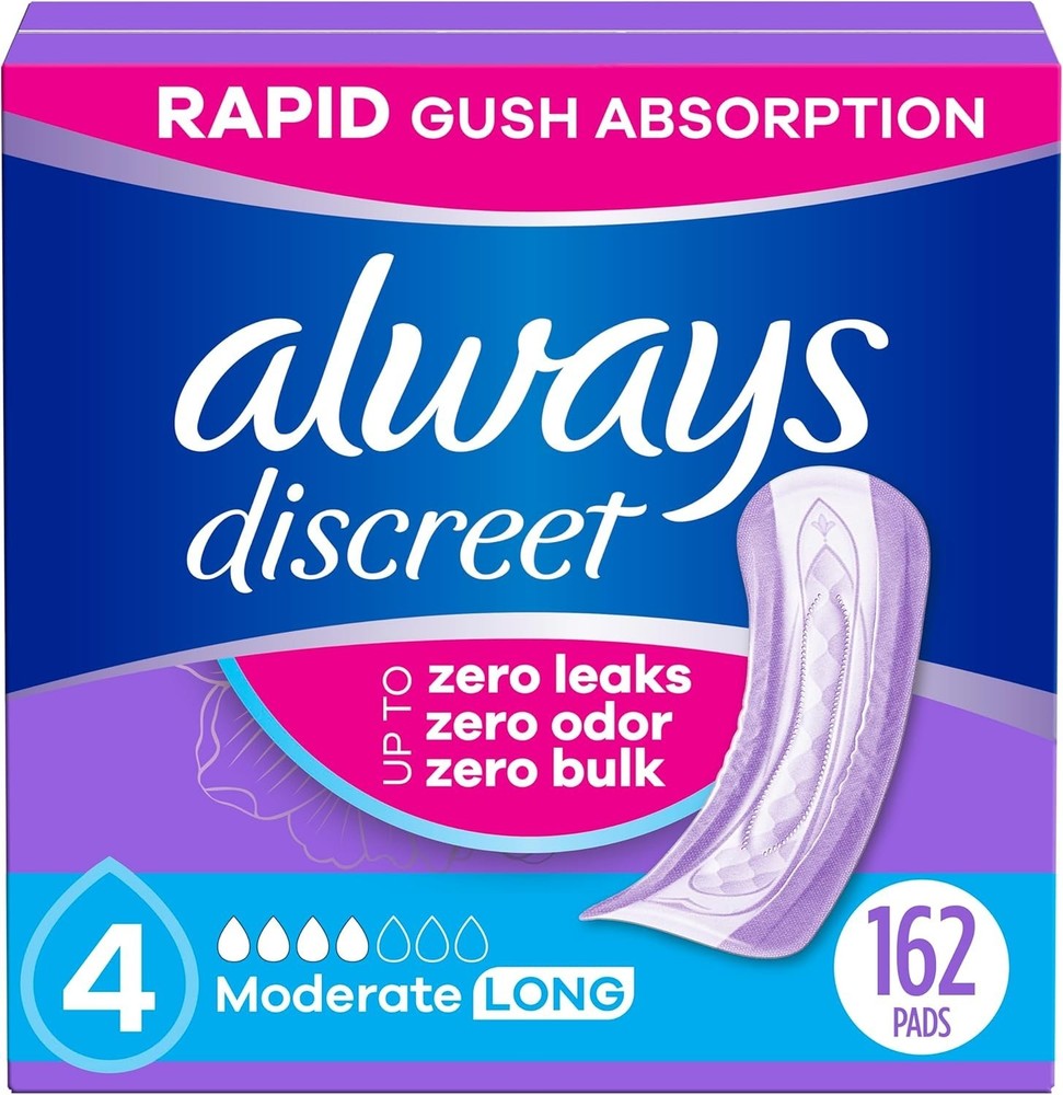 Always Discreet Adult Incontinence Pads,4 Drop Long Length-162 COUNT