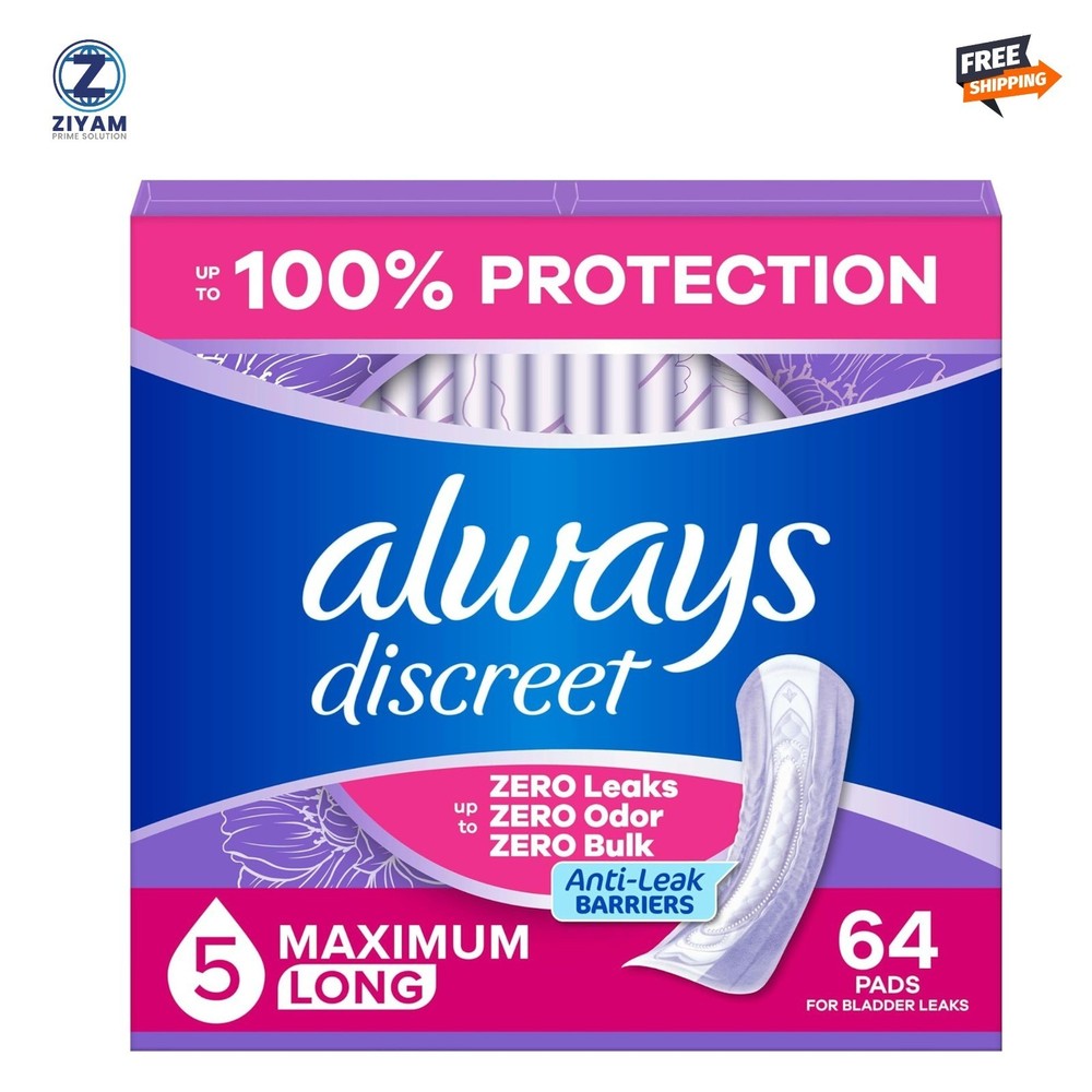 Always Discreet Incontinence Pads Women Maximum Long 64 Count New Sealed