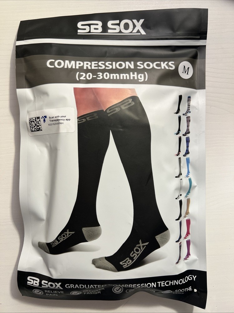 SB SOX Knee High Compression Socks (20-30mmHg) Black / Grey Size M MEDIUM – NEW