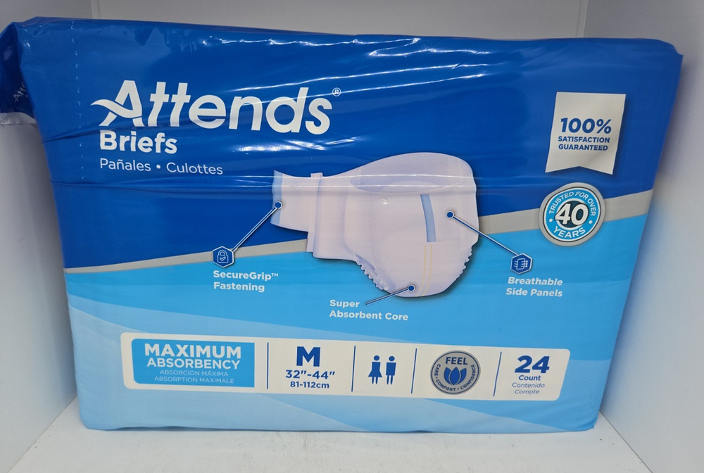 Attend Briefs M (32″-44″ ) Men Women Unisex 24 Count Maximum Absorbency USA Made