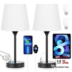 Set of 2 White Bedside Lamps – USB C Nightstand – Bedroom Lamp