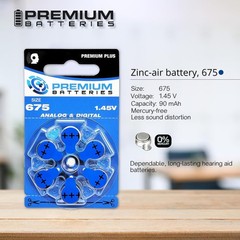 Size 675 PR44 1.45V Hearing Aid Batteries Blue Tab 60 Batteries