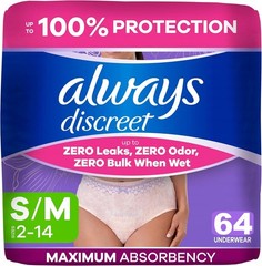 Always Discreet Adult Diapers for Women, Incontinence Underwear, S/M, 64 Count