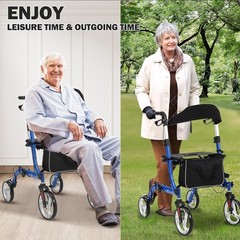Rollator Walker For Seniors Lightweight Foldable 12″+10″ Wheels w/ Brakes 300 Lb