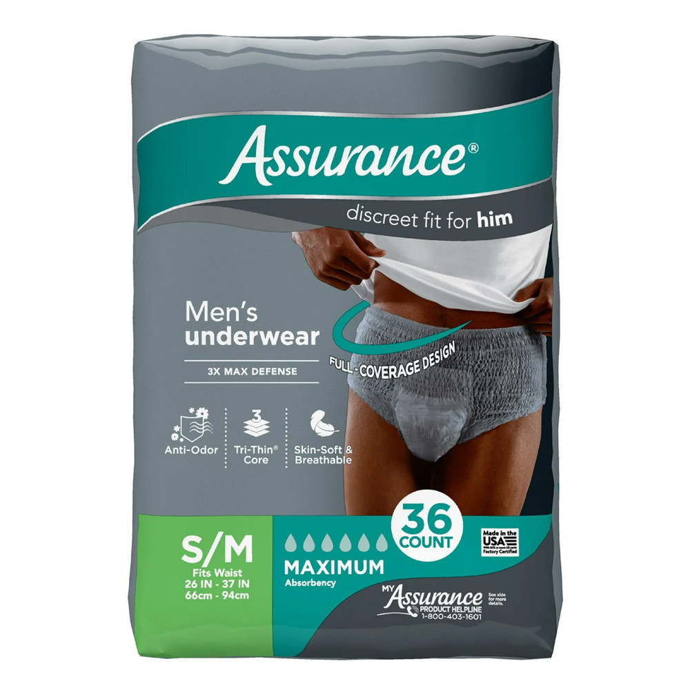 Assurance Men’s Underwear, Maximum Absorbency, Size S/M, 72 CT