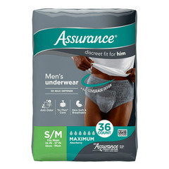 Assurance Men’s Underwear, Maximum Absorbency, Size S/M, 72 CT
