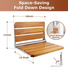 Flngr 16in Wall Mounted Folding Shower Seat Teak Wood 400lb Capacity Bench