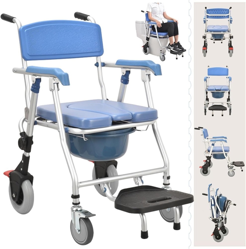 Heavy Duty Bedside Commode Chair Shower Rolling Padded Seat 330lb