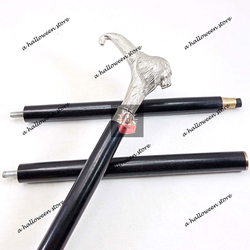 Silver Brass Lion Derby Head Handle 3 Fold Black Wooden Walking Stick Cane Gift