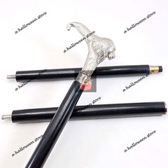 Silver Brass Lion Derby Head Handle 3 Fold Black Wooden Walking Stick Cane Gift