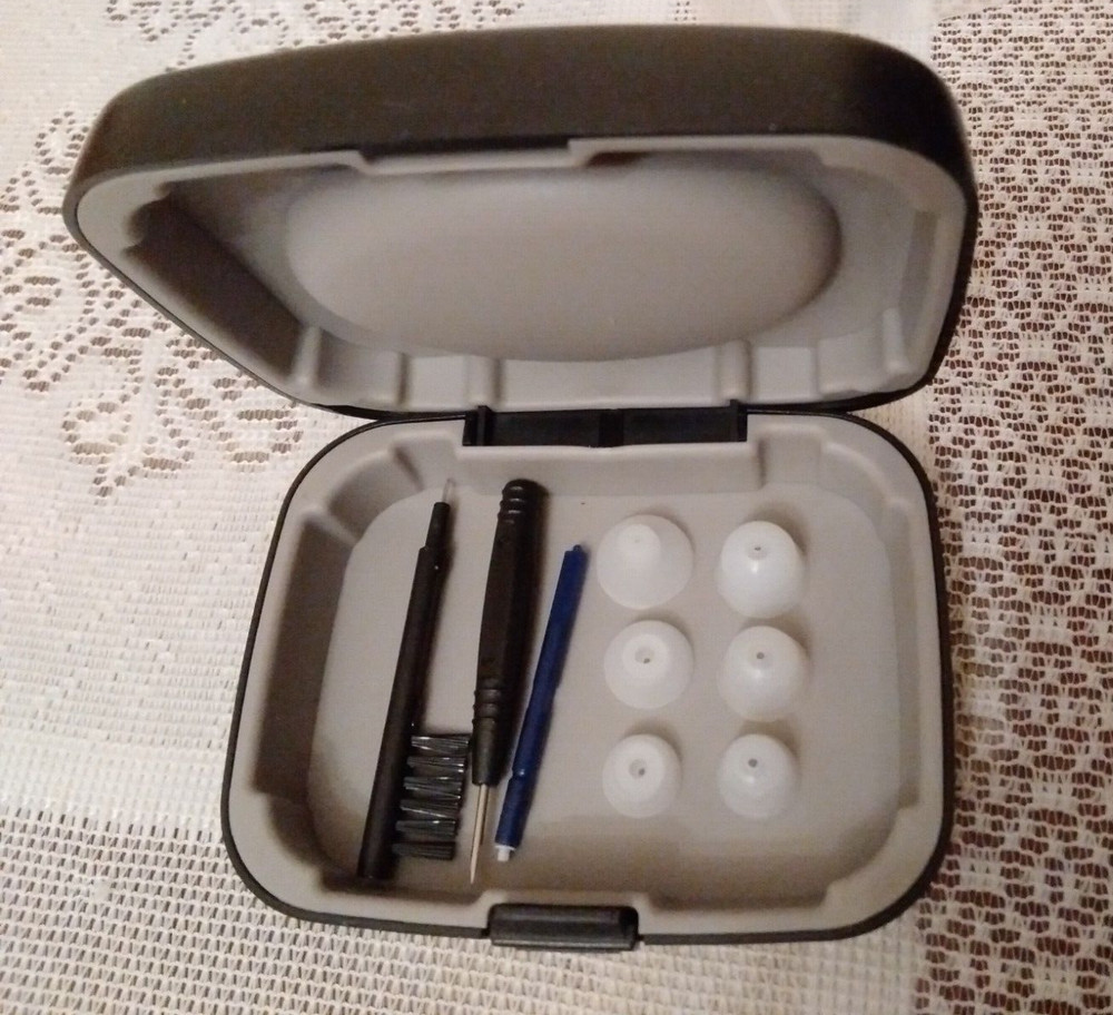 Hearing Aid Case and Accessories – Tips, Guard, Brush/Volume Adj., Screwdriver