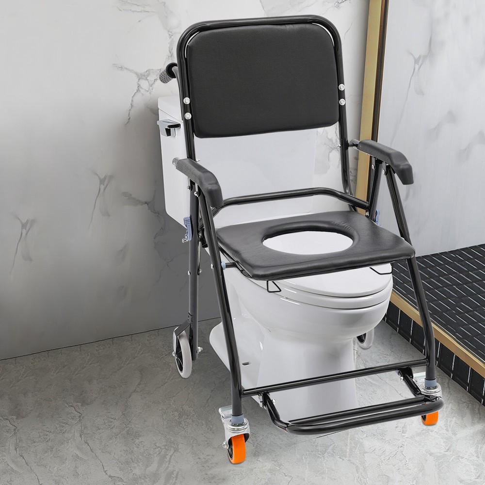 Foldable Shower Chair with Wheels 4-in-1 220.46lbs Rolling Bath Seat Black