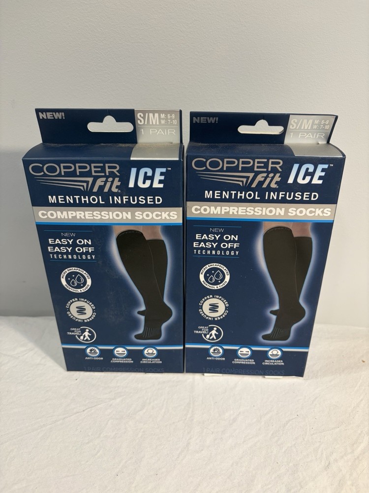 Copper Fit Ice Compression Socks Menthol Infused Black S/M Lot Of 2 New!