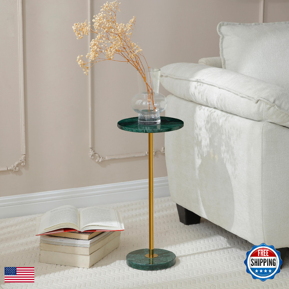 Hmjeae 9.8-Inch Marble Round Drink Table Stone Finish Pedestal End Table For