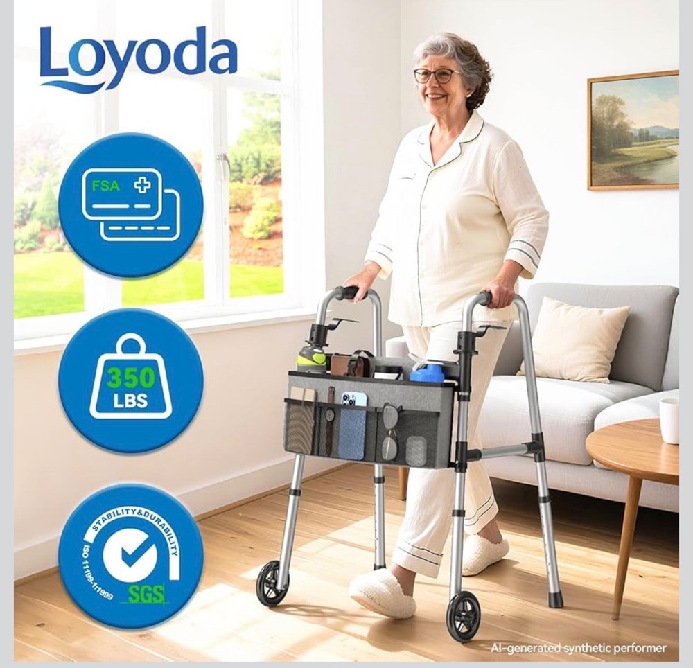 Loyoda Compact Standard Folding Walker With Basket, Black/Gray, FBL830250