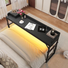 Rolling Overbed Table with Outlets & Light Strip, Adjustable Height, Black