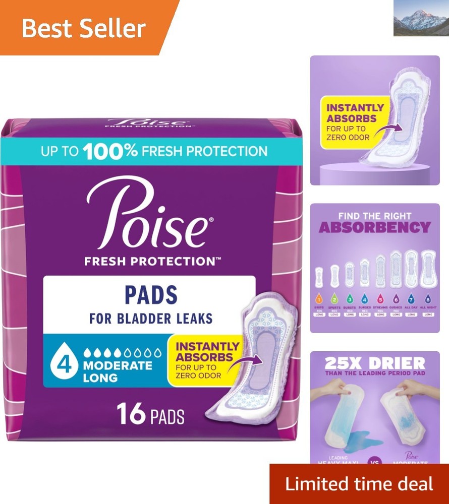 4 Drop Moderate Absorbency Incontinence Pads – Long Length, Zero Odor, 16 Pack