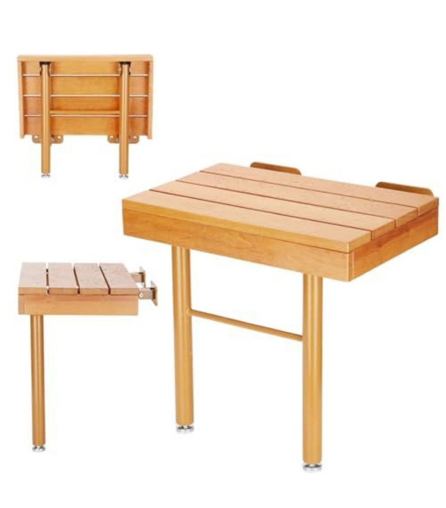 Folding Shower Seat Wall Mounted Bath Bench, Fold Down Shower Seat w/ Legs Wood