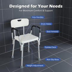Adjustable Shower Chair for Seniors Arms Back Non-Slip Seat