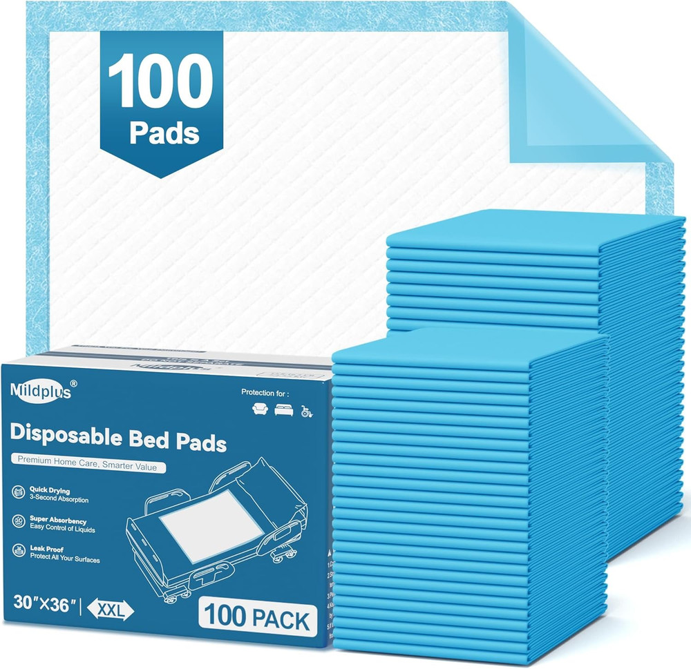 100 Count Disposable Bed Pads 30“X36“ MILDPLUS Super Absorbent Underpads, Disp
