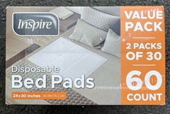White Disposable Bed Pads 24x30in. Value Pack 60count Adults Kids Elder