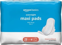 Amazon Basics Thick Maxi Pads – Overnight Absorbency, Unscented, Size 4 (28 ct)