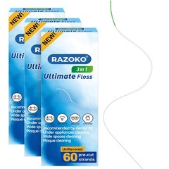 RAZOKO 3-in-1 Floss for Braces, 180 Pre-Cut 60 Count (Pack of 3), White