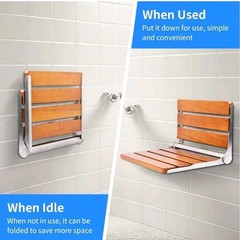 15.1″ ADA Compliant Folding Teak Wood Shower Bench, Small Bath Wall Mount Seat