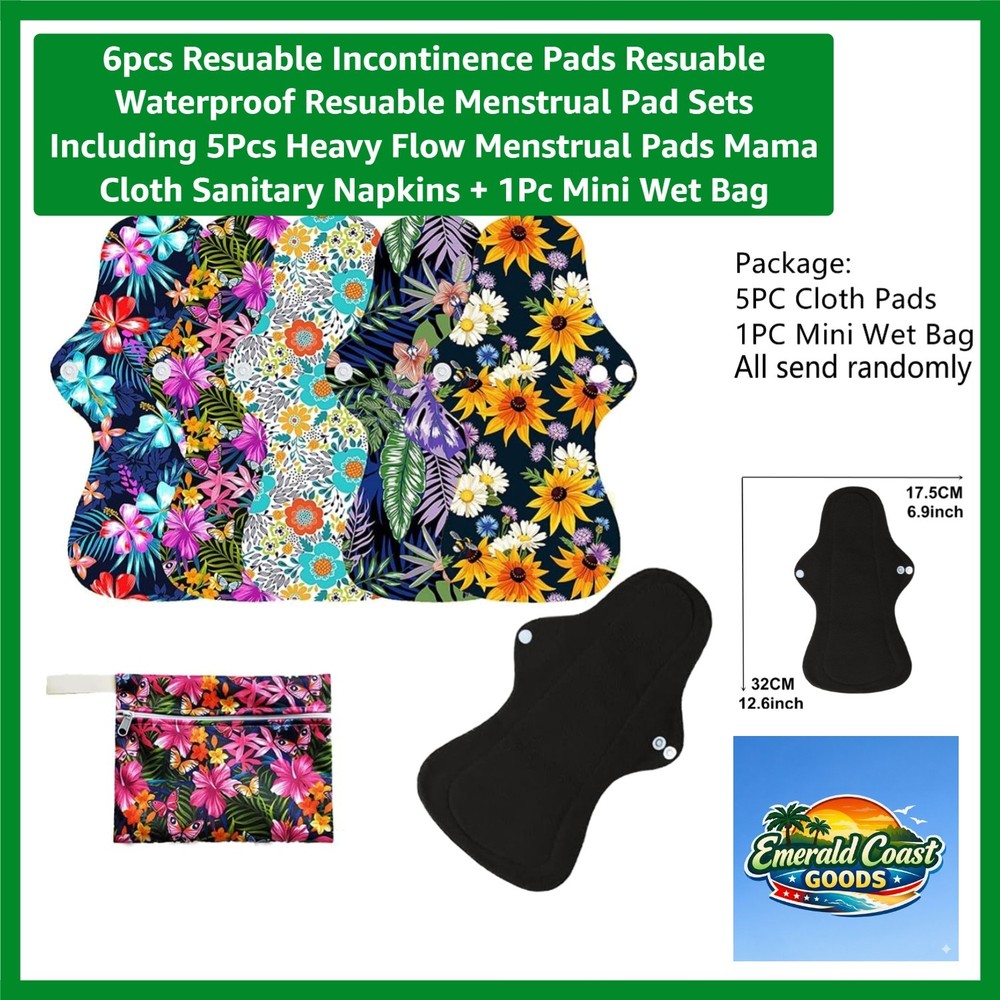 Stylish 6pc Reusable Menstrual Pad Set with Waterproof Storage Bag included
