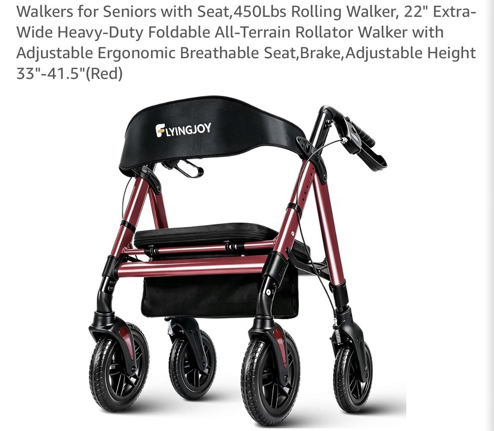 Heavy Duty Rollator Walker With Seat 450 Lb Capacity 12″ All Terrain Wheels RED