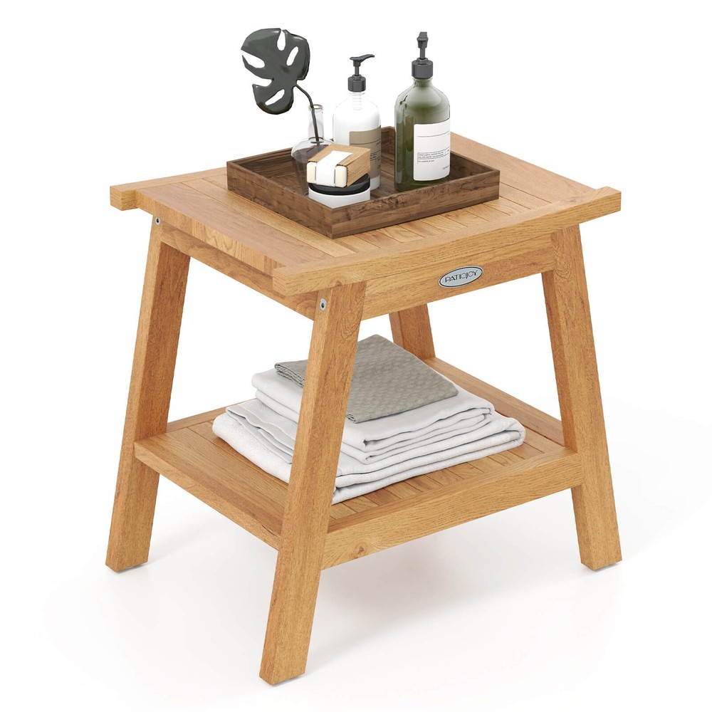 20″ Teak Wood Shower Bench w/Storage Shelf Adjustable & Anti-slip Foot Pads