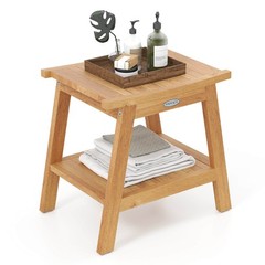 20″ Teak Wood Shower Bench w/Storage Shelf Adjustable & Anti-slip Foot Pads