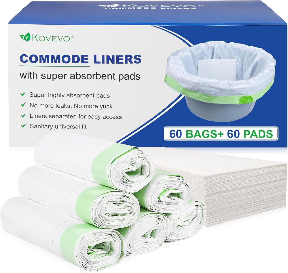 60 Pack Commode Liners with Absorbent Pads | 60 Bedside Commode Liners and 60 Co