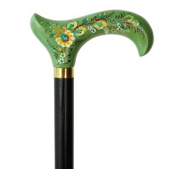 Green Floral Derby Cane, Hand-Painted Floral Walking Cane, Ladies Walking Stick