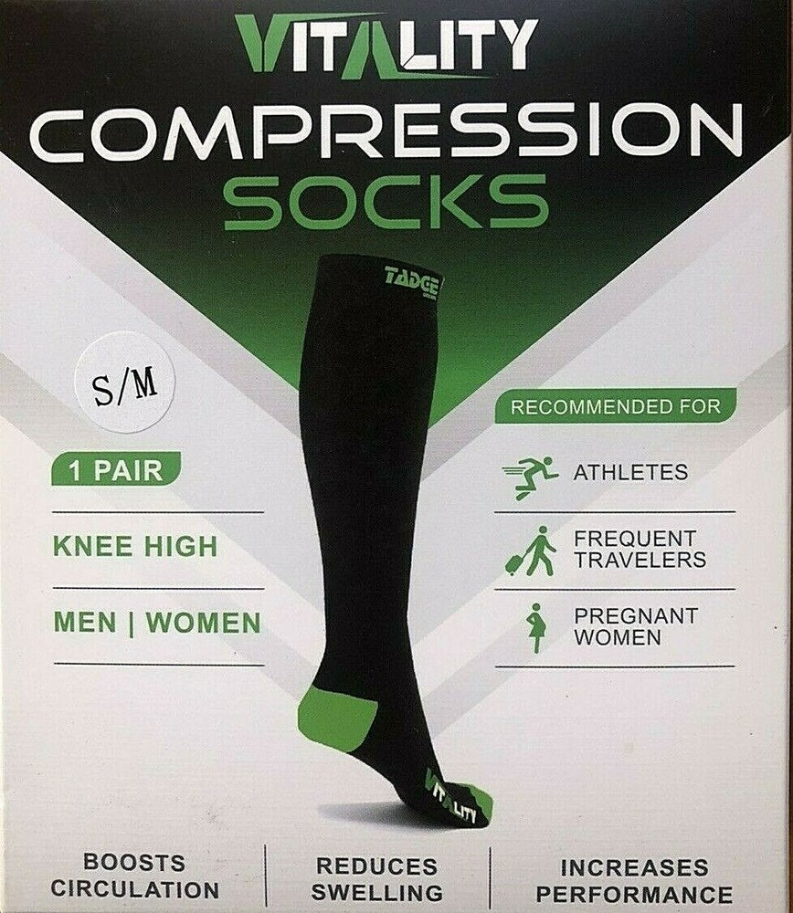 Tadge VITALITY COMPRESSION Socks Black Green S/M Men Women 1Pair NEW in Box