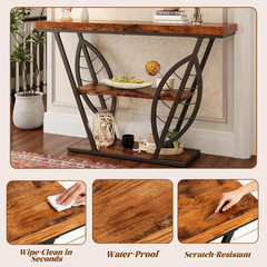 Leaf Design Console Table for Entryway, 3-Tier Storage, 30Mm Thick Rustic Brown