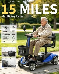 Four Wheels Compact Travel Mobility Scooter 350W Motor for Adult-300lbs, BLUE