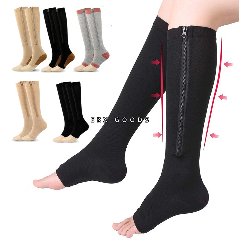 Zipper Open Toe Compression Socks 20-30mmHg Calf Leg Ankle Support Stocking