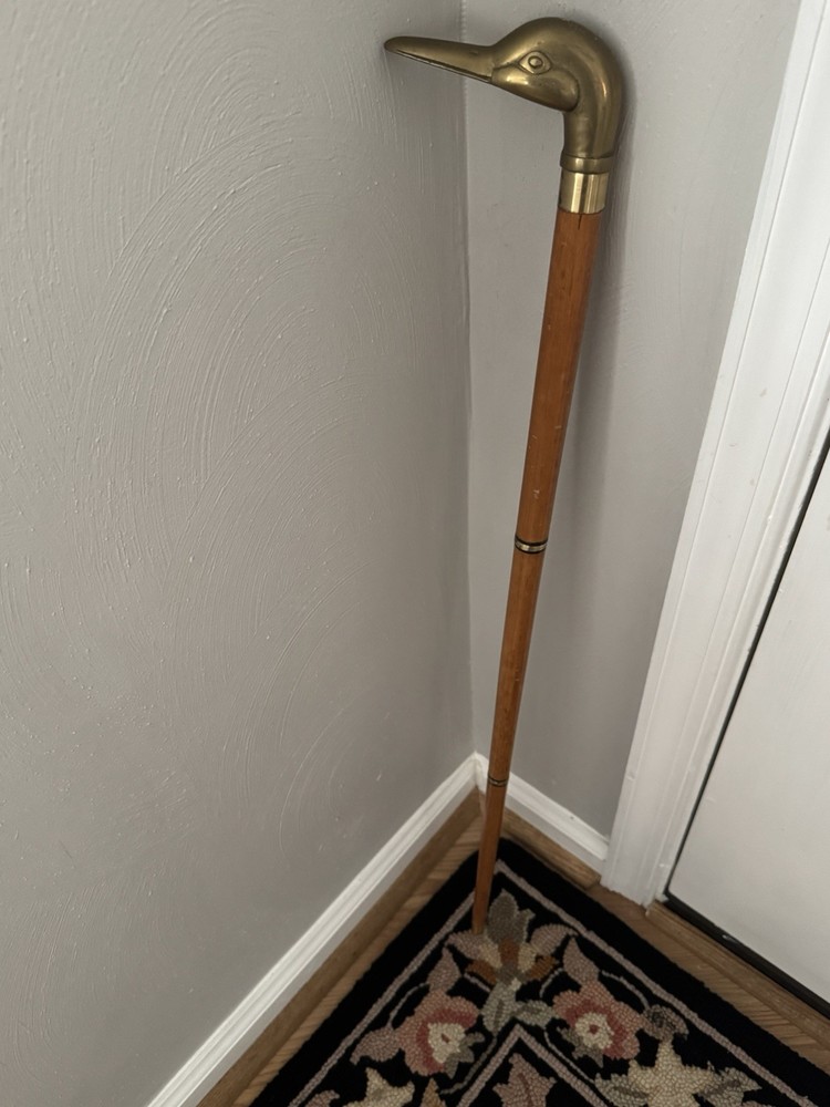 Vintage Brass Duck Head Walking Cane 34”Light Wood Collapsible 2 Piece Stick