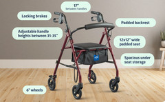 Steel Rollator Walker with Seat, 350 lb Capacity, Foldable, Burgundy, 6” Wheels
