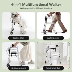 2-Button Folding Walker Height Adjustable Walking Aid with Seat 4 Wheels Brakes
