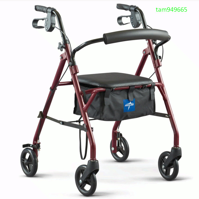 Steel Rollator Walker with Seat, 350 lb Capacity, Foldable, Burgundy, 6” Wheels