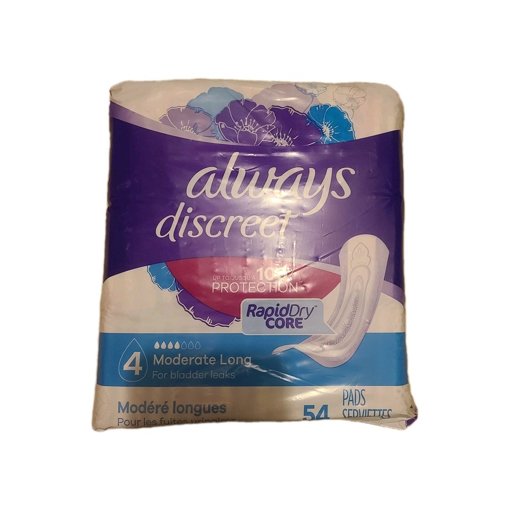 Always Discreet Incontinence Pads Women Moderate Absorbency Long 4 Drop 54 Ct