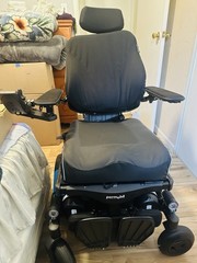 Permobil Power Wheelchair w/ Headrest & Joystick, 6-Wheel, Black/Blue