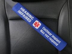 Hearing Impaired Cochlear Seat Belt Cover and Window Decal Set Royal Blue