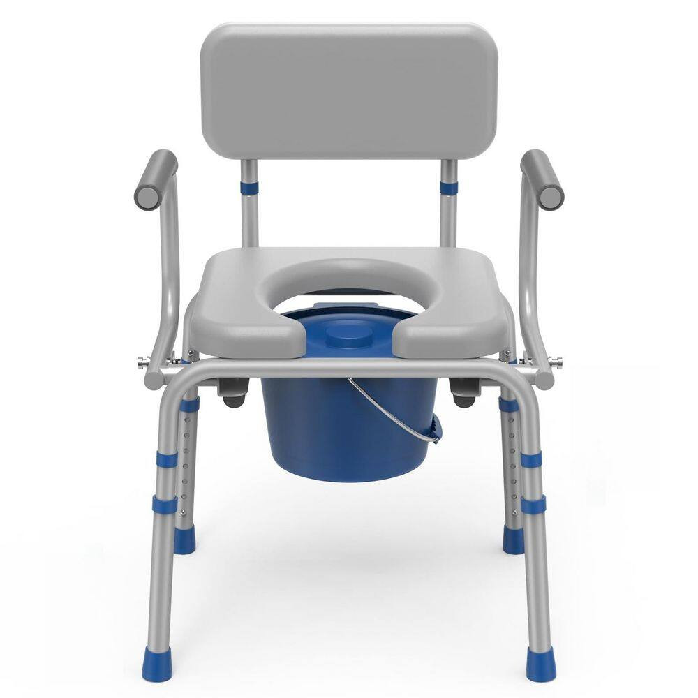Gray Drop Arm Bedside Commode with Padded Seat, Backrest, Removable Bucket and A